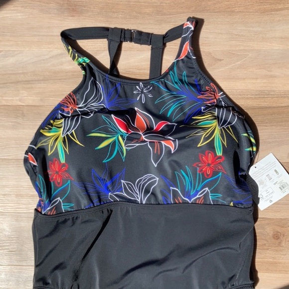 Ecobeach swimsuit one piece high neck black w floral printed vacation beach XL - Picture 6 of 15